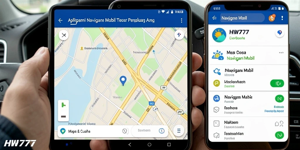 Antarmuka aplikasi HW777 menunjukkan peta navigasi mobil dengan petunjuk arah.