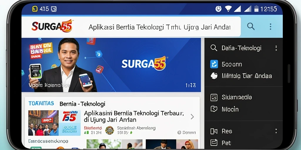 Tampilan antarmuka aplikasi SURGA55 dengan berita teknologi terkini.